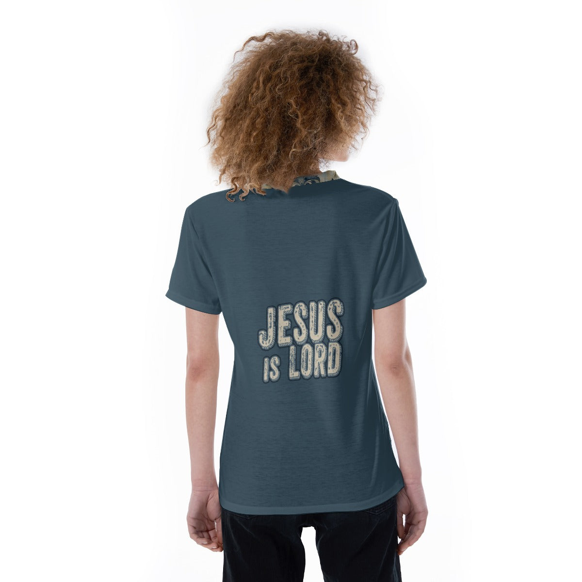 "Jesus is Lord" Blue with Blue & Beige Damask Pattern Collar All-Over Print V-neck Women's T-shirt