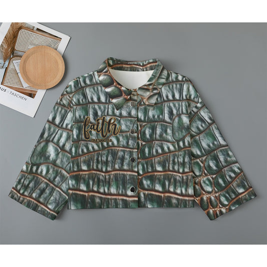 "Faith Ephesians 2:8" Green Faux Alligator Women's Cropped Jacket | 245GSM Cotton