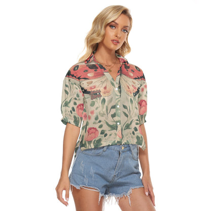 "Jesus Saves" Butterfly Floral Women's Fashionable V-neck Polyester Shirt with Side Slits and Double Pockets