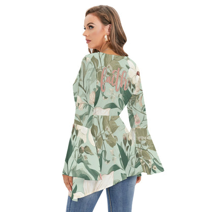 "Faith Ephesians 2:8" Women's V-neck Polyester Blouse with Flared Butterfly Sleeves