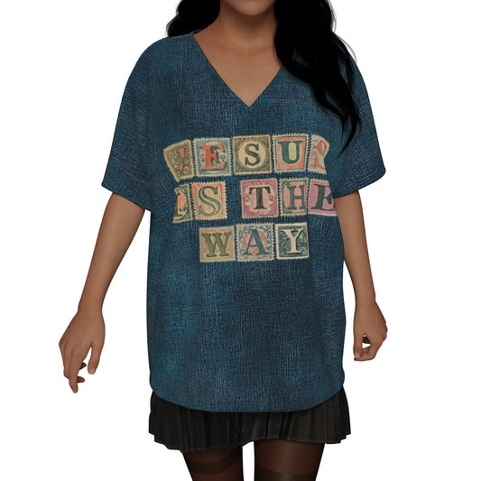 "Jesus is the way" Faux Denim look Women's Jersey Bat Sleeve V-Neck Blouse - Loose Fit for Comfort
