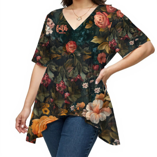 Floral Print V-Neck Asymmetrical Hem Top with "Faith Hebrews 11:1" Text