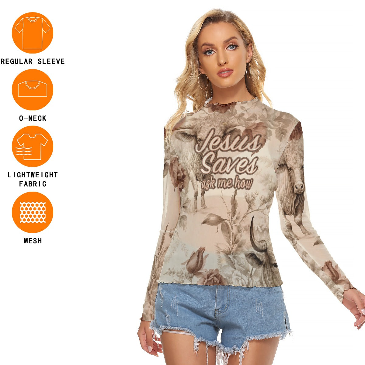 "Jesus Saves ask me how" Women's Mesh T-shirt - Breathable Long Sleeve Shirts with Unique Neckline Design