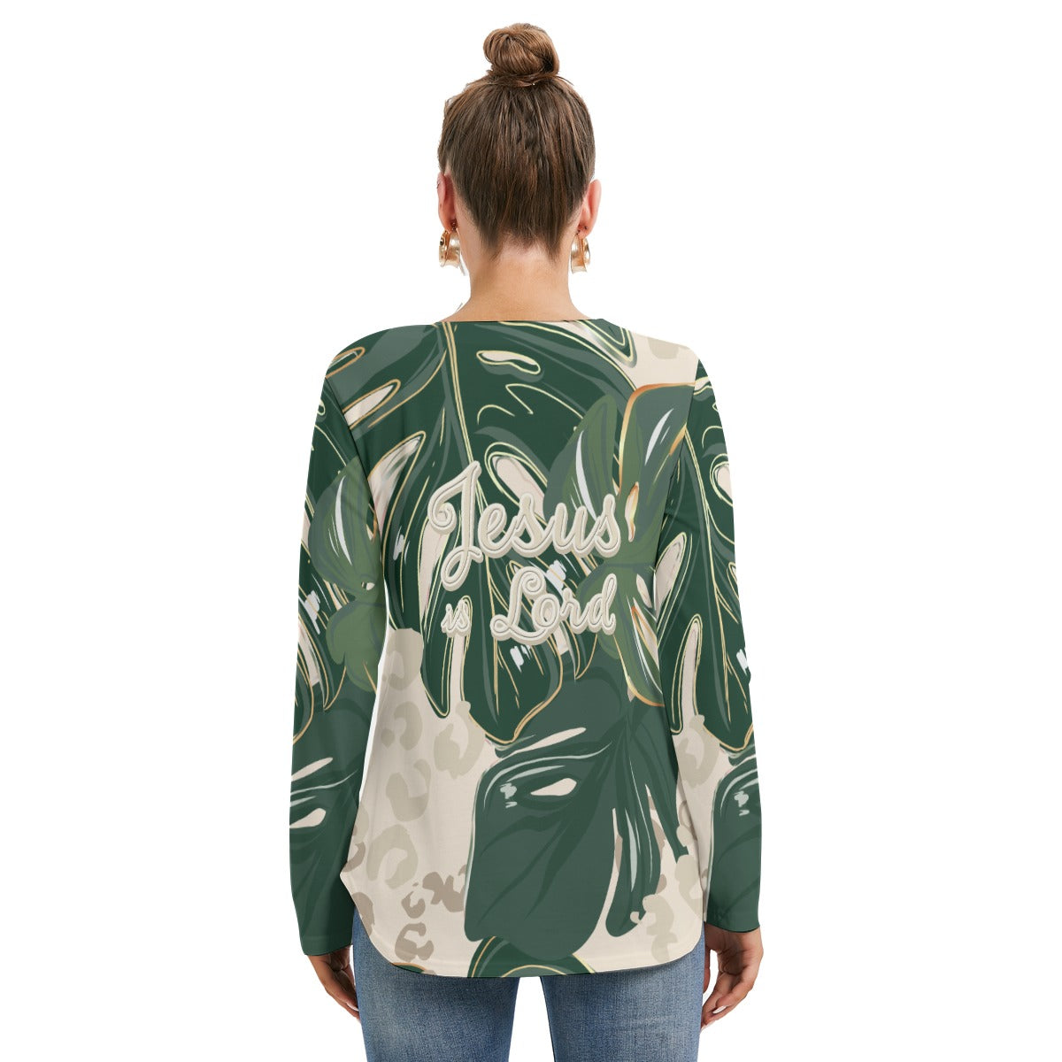 "Jesus is Lord" Green Monstera Floral Women's Long Sleeve Neckline Tie Sweatshirt