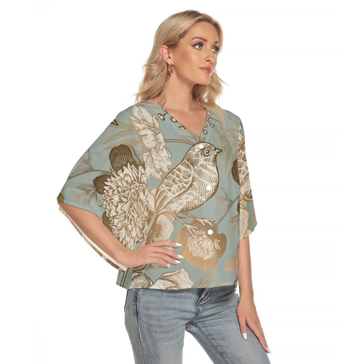 "Jesus Saves" Floral Bird Print Women's Bat Sleeve V-neck Buttoned Top