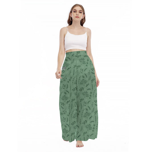 "Blessed Matthew 5:8" Green Floral Print High Waist Wide Leg Trousers for Women