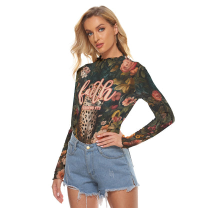 Leopard Floral Print Women's Mesh T-shirt Long Sleeve "Faith Hebrews 11:1"