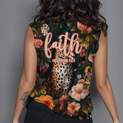 Leopard Floral Print Sleeveless T-Shirt for Women, Round Neck Casual Top Hebrews 11:1 Design