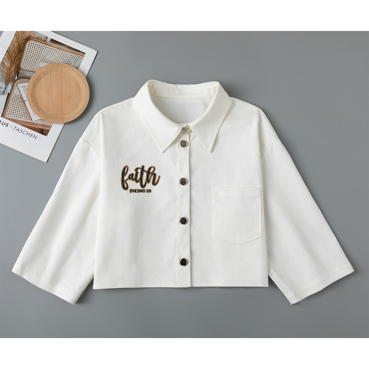 "Faith Ephesians 2:8" White Women's Cropped Jacket | 245GSM Cotton