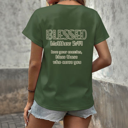 "Blessed Matthew 5:44" Green Women's V-Neck T-Shirt with Stylish Print, Soft Cotton Blend Summer Top