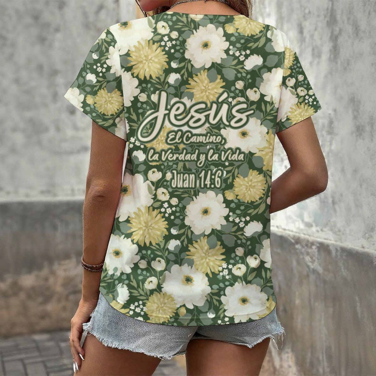Camiseta de cuello en V para mujer con estampado  "Juan 14:6" - Ropa informal de verano con estilo