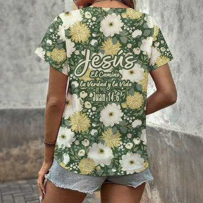 Camiseta de cuello en V para mujer con estampado  "Juan 14:6" - Ropa informal de verano con estilo