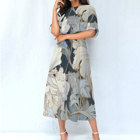 "Faith Ephesians 2:8" Blue & White Floralt Women's Elastic Waist Dress