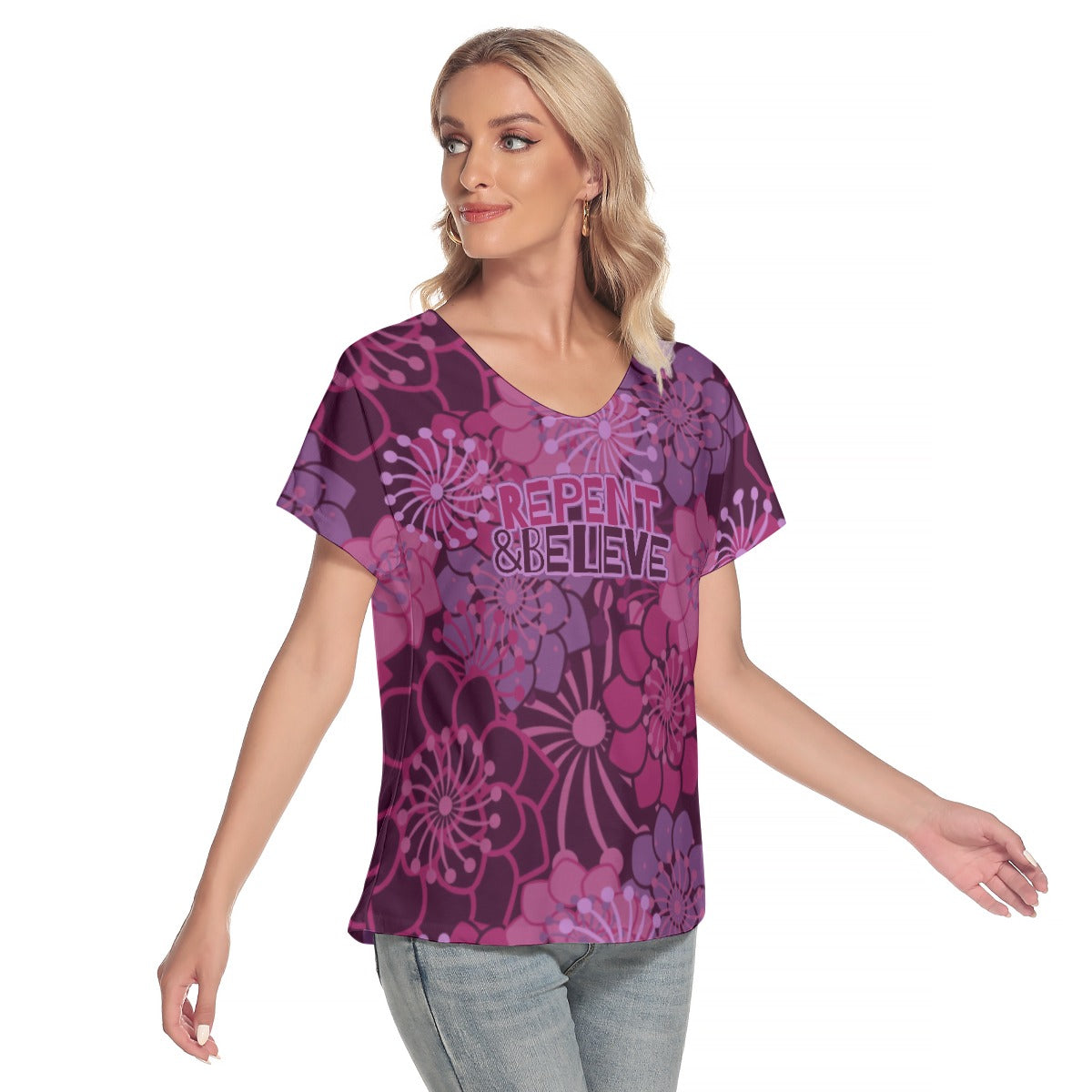 Purple Hayes "Repent & Believe" Women's Loose V-neck Short Sleeve T-shirt