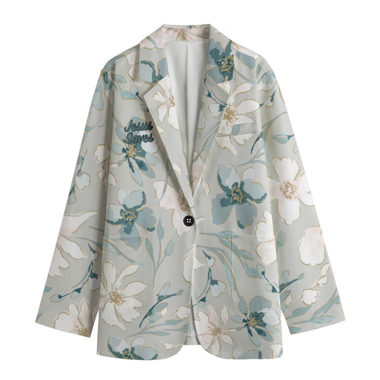 "Jesus Saves" Blue FloWomen's Leisure Blazer - 100% Cotton, Flat Lapel Collar, Regular Fit | 245g/m²
