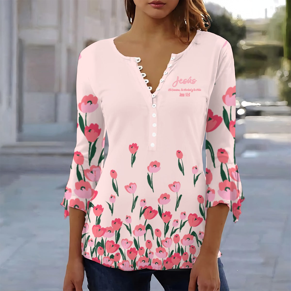Camiseta para mujer con estampado de tulipán rosa "Juan 14:6" y manga 3/4