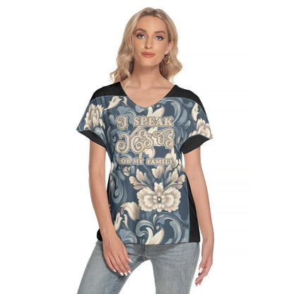 Women's Loose V-Neck Short Sleeve T-Shirt - "I Speak Jesus for my Family"