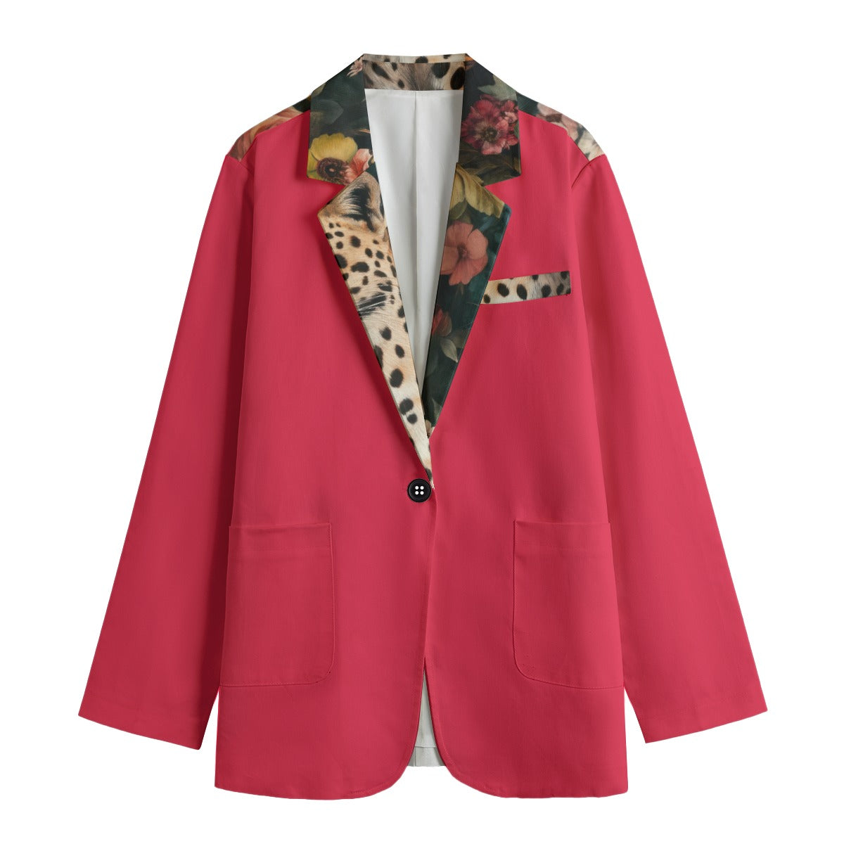 Leopard Floral Print Pinkish Red Women's Leisure Blazer - 100% Cotton, 245GSM Comfort Fit