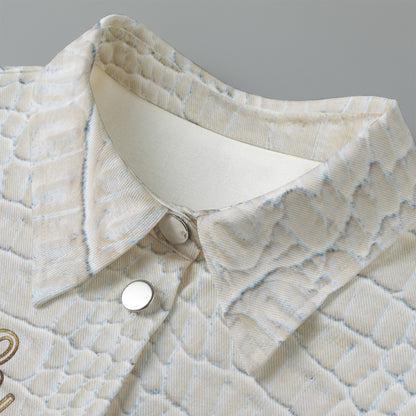 "Faith Ephesians 2:8" Cream Alligator Print  Women's Cropped Jacket | 245GSM Cotton