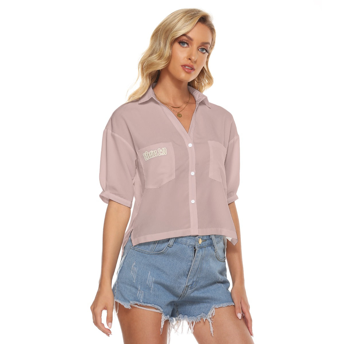 "Efesios 2:10" Rosa Camisa holgada de cuello en V para mujer, aberturas laterales, bolsillos dobles, poliéster