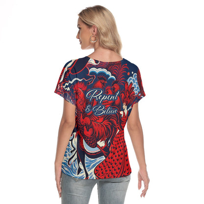 "Repent & Believe" Women's Loose V-neck Short Sleeve T-shirt