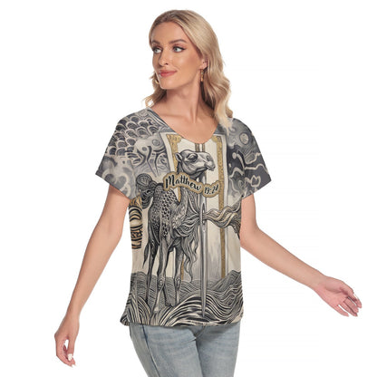 "Matthew 19:24" Graphic Camel & Needle Design  Women's Loose V-neck Short Sleeve T-shirt