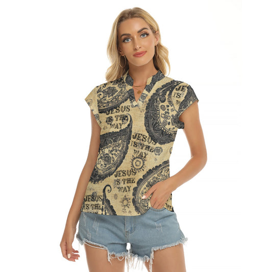 "Jesus is the way" Women's Stacked V-neck Short Sleeve Blouse with Four-way Stretch for Everyday Style