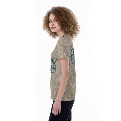 "Jesus is Lord" Beige Floral Pattern with Blue & Beige Damask Pattern Collar All-Over Print V-neck Women's T-shirt