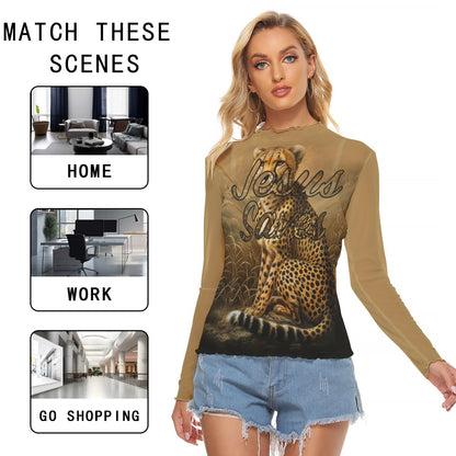 "Jesus Saves" Leopard Print Women's Mesh T-Shirt, Long Sleeve & Unique Fit