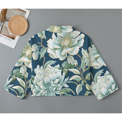 " Jesus Saves" Blue Floral Women's Stylish Cropped Denim-Inspired Cardigan, 100% Cotton, 245GSM | Mid-Sleeves & Pockets