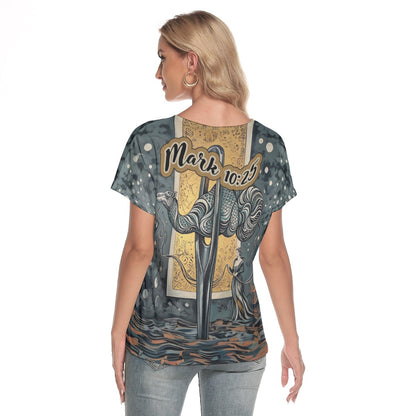 "Mark 10:25" Graphic Camel & Needle Design Women's Loose V-neck Short Sleeve T-shirt
