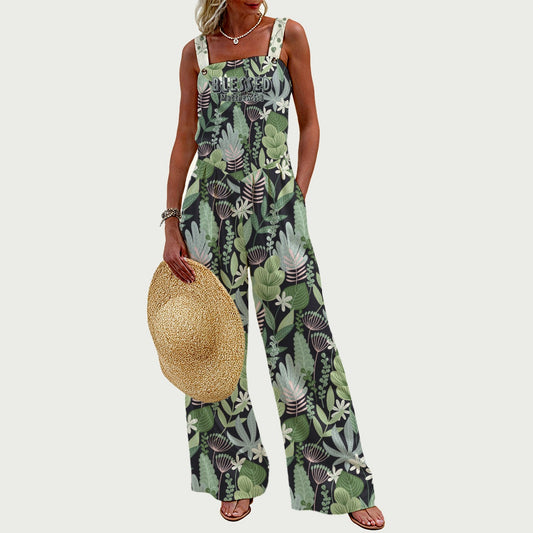 "Blessed Matthew 5:8" Green Floral Print Women's Wide-Leg Jumpsuit - Lightweight Linen-Like Polyester Loose Fit