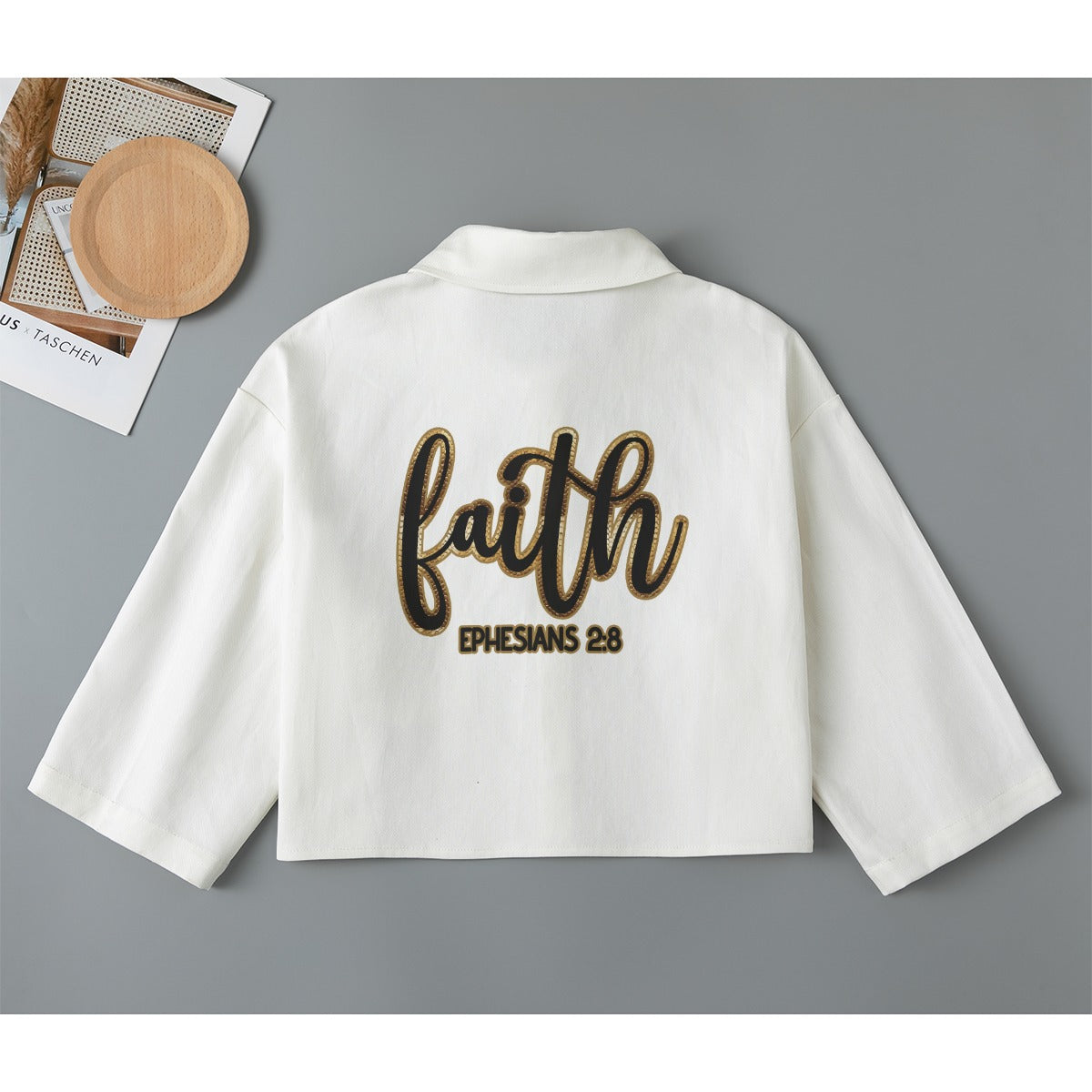 "Faith Ephesians 2:8" White Women's Cropped Jacket | 245GSM Cotton