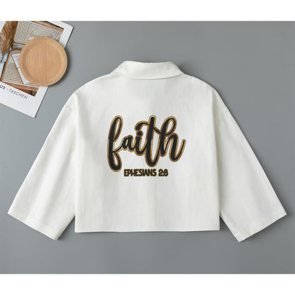 "Faith Ephesians 2:8" White Women's Cropped Jacket | 245GSM Cotton