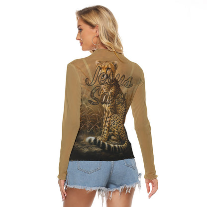 "Jesus Saves" Leopard Print Women's Mesh T-Shirt, Long Sleeve & Unique Fit