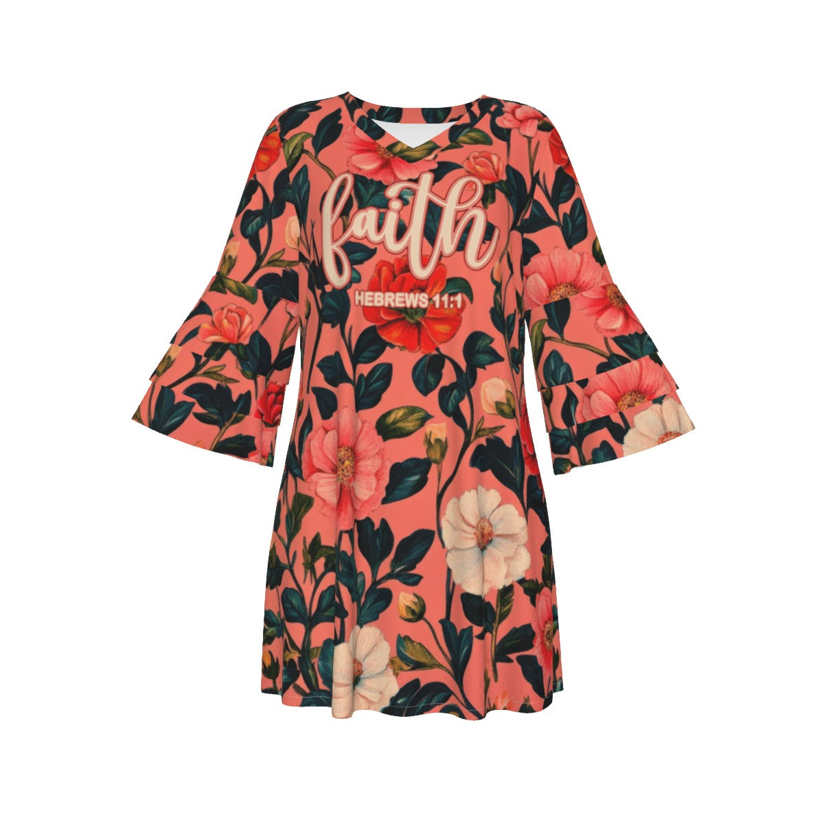 "Faith Hebrews 11:1" Pink Floral Women's Stacked Ruffle Sleeve Dress