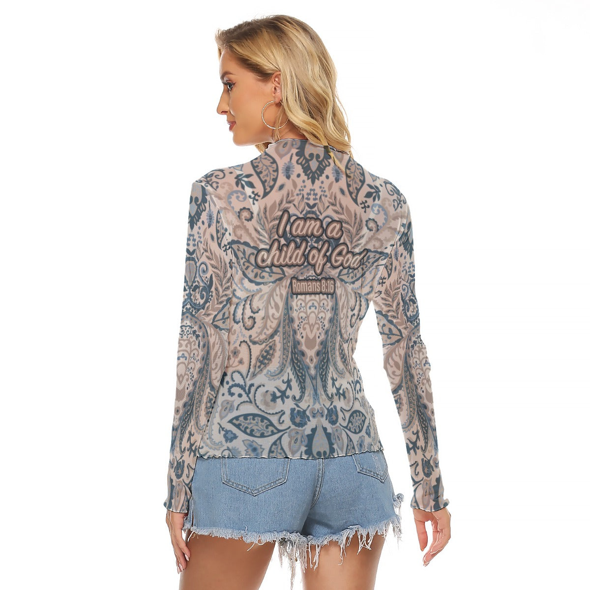 Pink & Blue Paisley Print Women's Mesh T-shirt "I am a child of God"