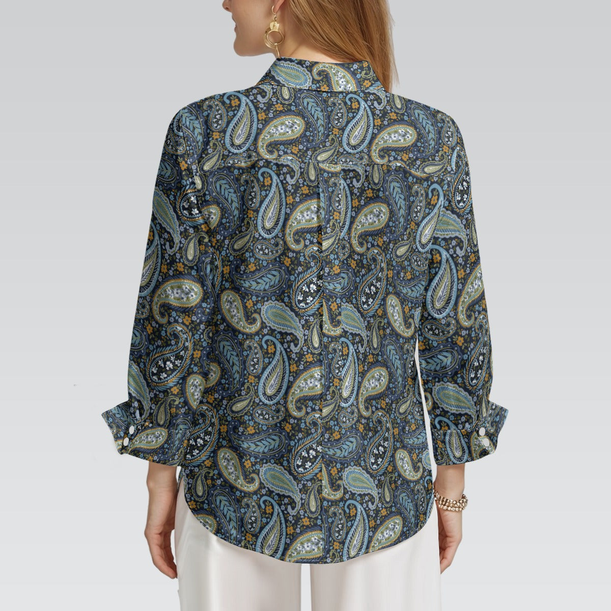 "Repent & Believe" Blue Floral Women's 3/4 Sleeve Button-Down Shirt - Lightweight Polyester Blend