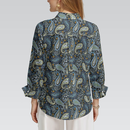 "Repent & Believe" Blue Floral Women's 3/4 Sleeve Button-Down Shirt - Lightweight Polyester Blend