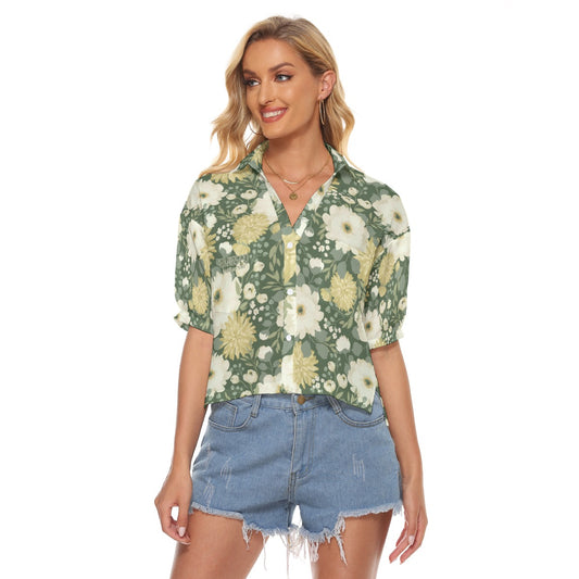 "Blessed Matthew 5:44" Green & White Floral Print Loose V-Neck Women's Shirt with Side Slits and Pockets