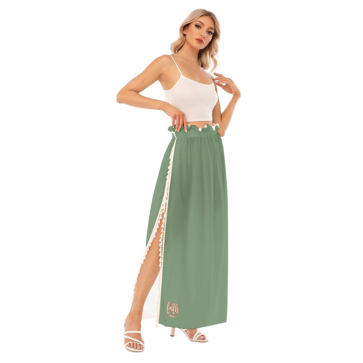 Green Women's High Waist A-Line Skirt with Side Split and Fringed Edge "Faith Hebrews 11:1"