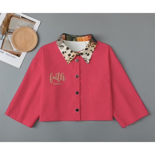"Faith Hebrews 11:1" Cropped Jacket for Women, 245GSM Cotton Denim-Inspired Stylish Waist Accent Jacket