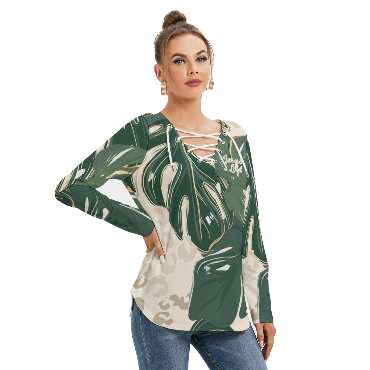 "Jesus is Lord" Green Monstera Floral Women's Long Sleeve Neckline Tie Sweatshirt