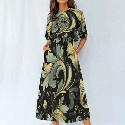 "Jesus Saves" Gold Green & Black Swirly Floral Women's Elastic Waist Dress with Four-Way Stretch for Everyday Fashion