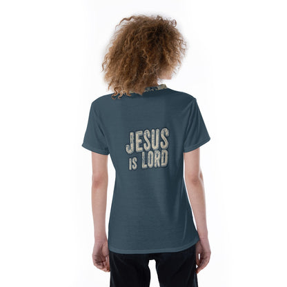 "Jesus is Lord" Blue with Blue & Beige Damask Pattern Collar All-Over Print V-neck Women's T-shirt