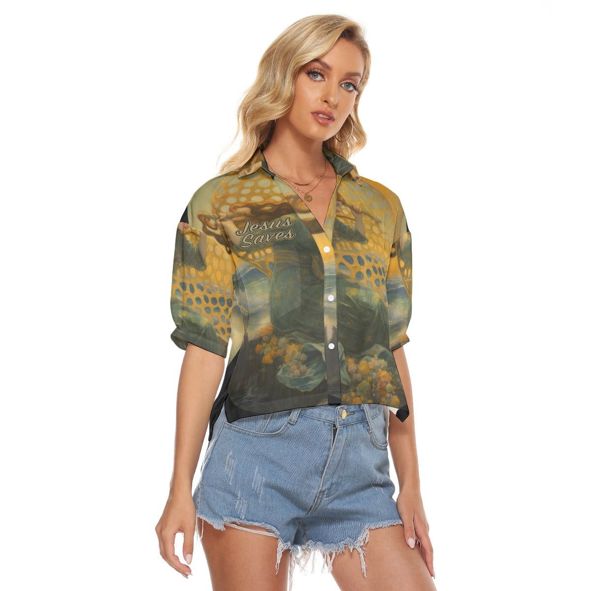 "Jesus Saves" Women's Fashionable V-neck Loose Fit Polyester Shirts with Side Slits and Double Pockets