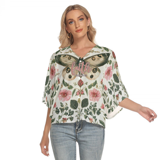 Elegant Women's Bat Sleeve V-neck Top with Faith Ephesians 2:8 Design