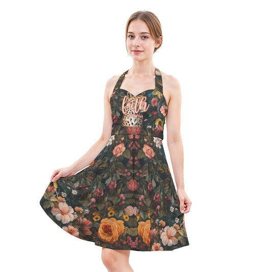 Leopard Floral Print Women’s Halter Skater Dress in Premium Milk Silk Fabric "Faith Hebrews 11:1"