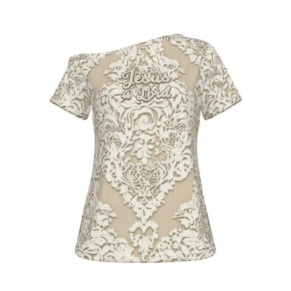 "Jesus is Lord" Faux Ivory Lace  Women's Off-Shoulder T-shirt