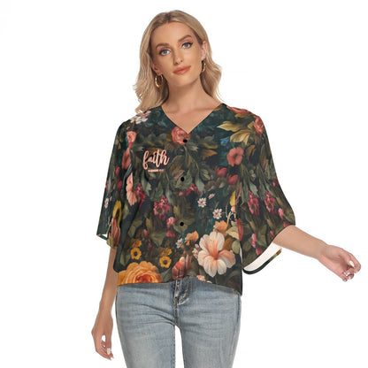 Leopard Floral Print Women's Bat Sleeve Elegant V-Neck Blouse with Button Closure